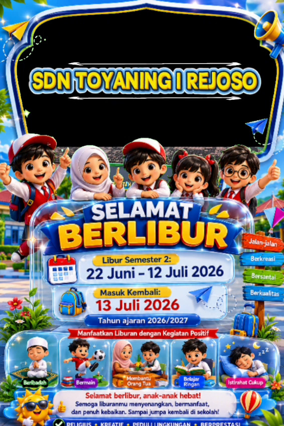 Pengumuman Libur Semester 2 dan Awal Masuk Sekolah Tahun Ajaran 2026/2027 SDN Toyaning 1 Rejoso